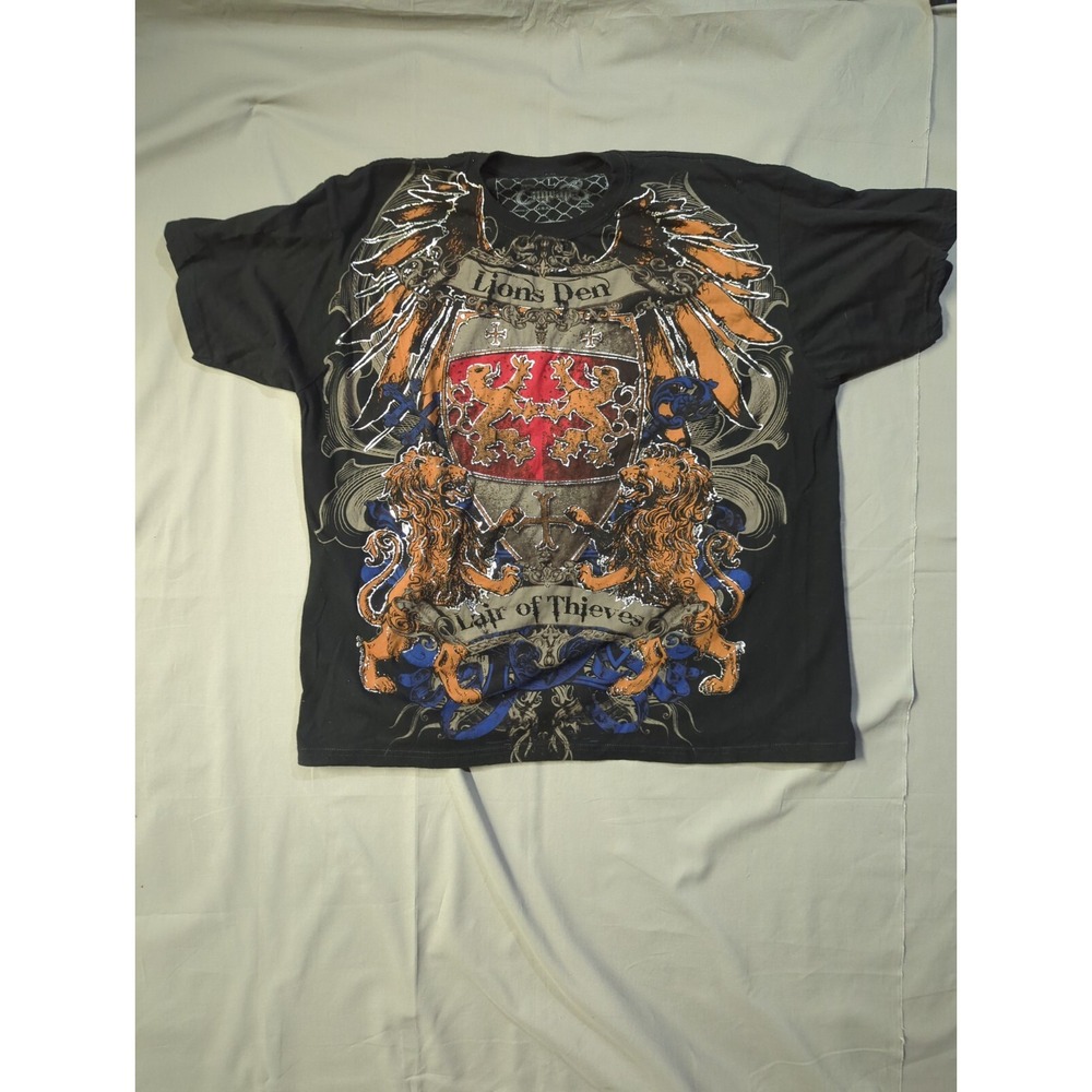 Cages Lions Den Lair of Thieves Graphic T-Shirt Black Silver Foil Mens Large